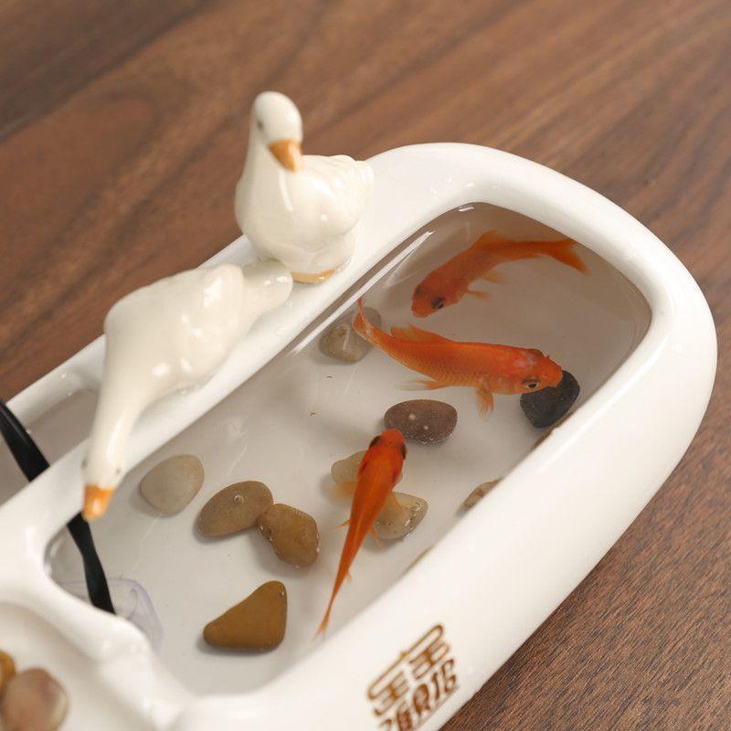 陶瓷型鱼缸创意自动循DYG环流小水摆件办用公室桌家装饰品招财生
