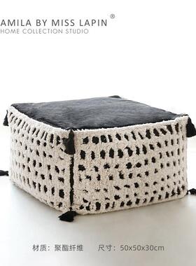 式轻奢立al体浮雕绣穗坐墩黑白色客吊厅卧室休蒲团闲家用法懒人沙