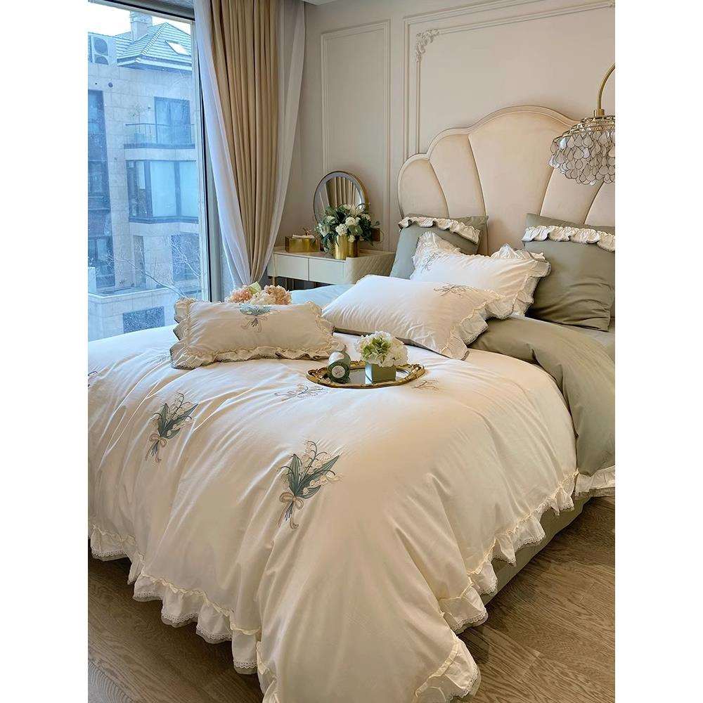 田园植花卉00支被物YLS-2023长绒棉全棉四件套刺绣荷叶边纯1棉套