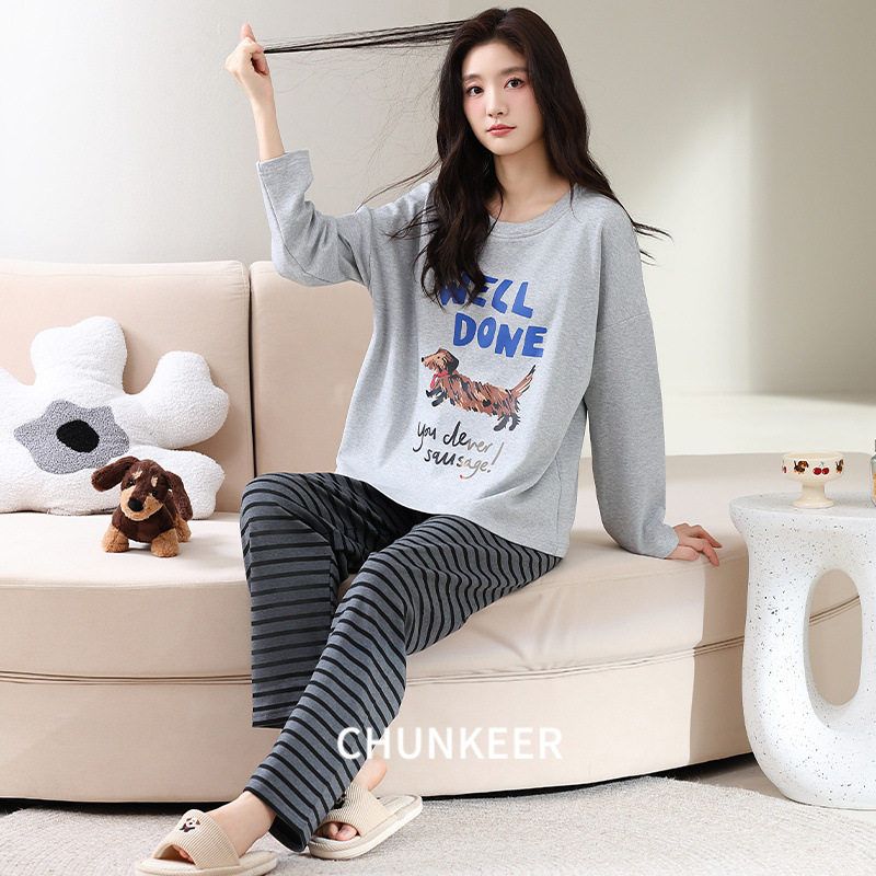 睡衣秋季女款穿新款学生长裤套装卡通家居服可外韩版圆领可爱长袖