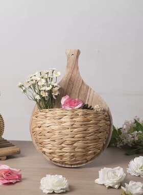 田园风胡芦草编织壁挂式收纳篮创意手工花盆装饰插画花篮壁饰花篮