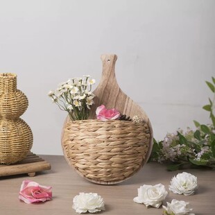 田园风胡芦草编织壁挂式收纳篮创意手工花盆装饰插画花篮壁饰花篮