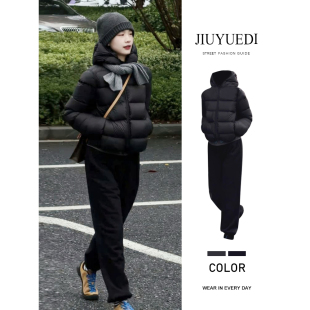 JIUYUEDI九月底韩版黑色连帽短款棉服休闲裤女冬季设计感气质套装