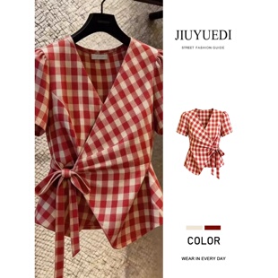 JIUYUEDI九月底复古红色格子短袖衬衫夏季收腰绑带设计感小众上衣