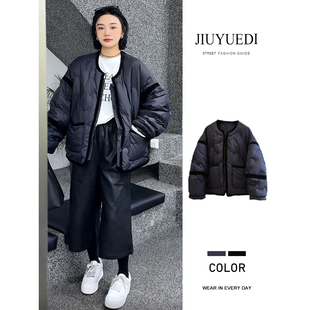 JIUYUEDI九月底韩版拼接圆领短款棉服女百搭显瘦休闲中性风外套