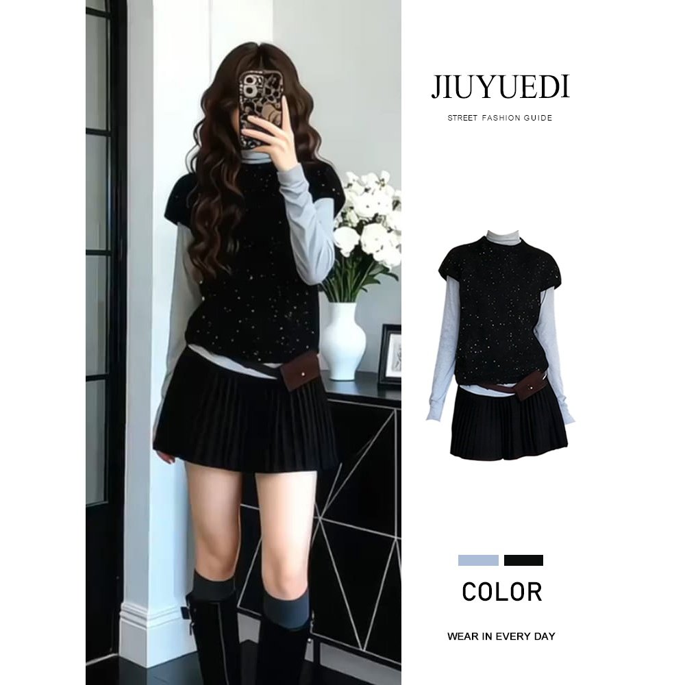 JIUYUEDI九月底韩系高领打底衫黑色短袖毛衣百褶裙女秋冬气质套装,女装/女士精品,时尚套装,淘宝优惠券,粉丝福利购,淘宝优惠卷