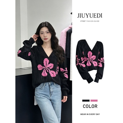 法式黑色V领花朵印花针织衫上衣