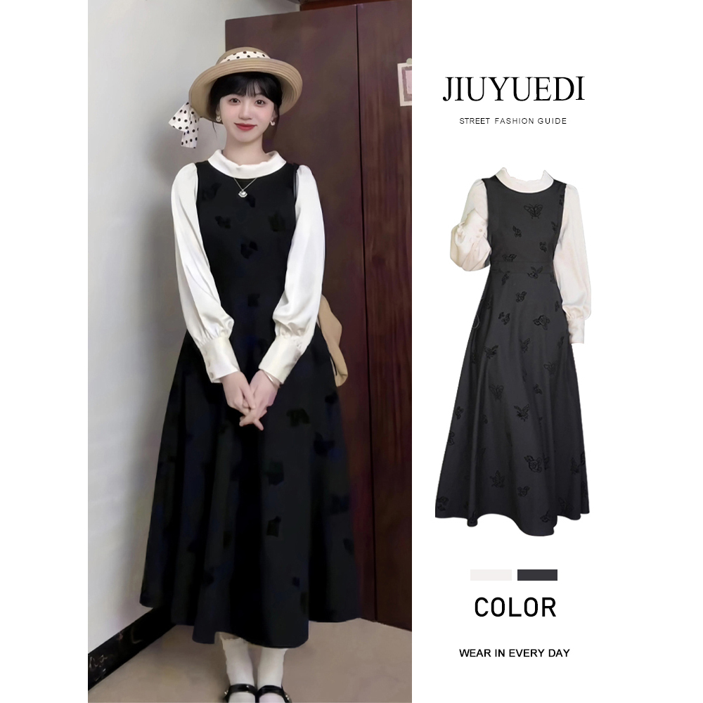 JIUYUEDI九月底韩系高级感假两件撞色拼接连衣裙女秋冬气质长裙