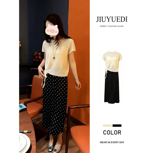 JIUYUEDI九月底韩系慵懒风针织短袖上衣波点半身裙女夏两件套显瘦