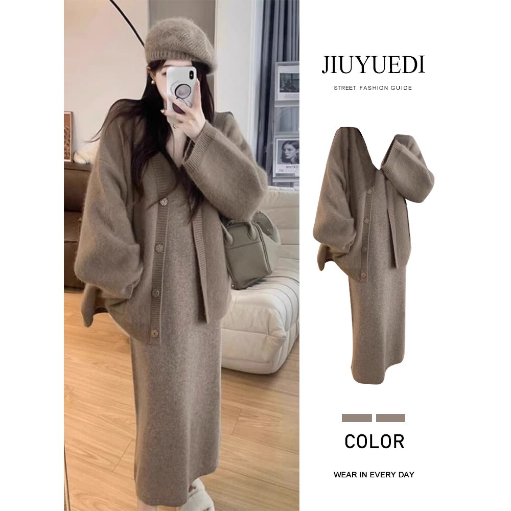 JIUYUEDI九月底法式针织开衫内搭吊带连衣裙女松弛慵懒感软糯套装,女装/女士精品,时尚套装,淘宝优惠券,粉丝福利购,淘宝优惠卷