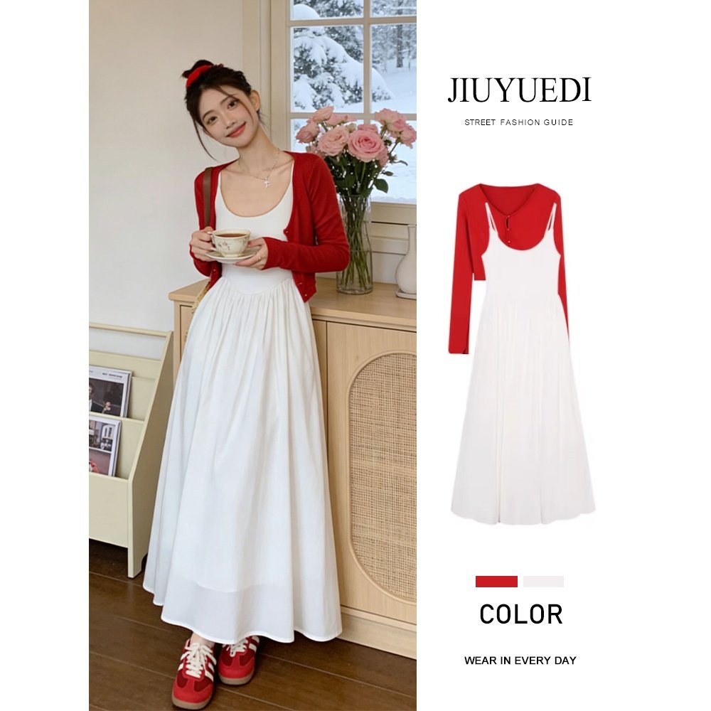 JIUYUEDI九月底法式温柔风白色吊带裙红针织开衫秋季甜美气质套装,女装/女士精品,时尚套装,淘宝优惠券,粉丝福利购,淘宝优惠卷