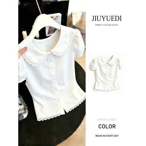JIUYUEDI九月底甜美风白色娃娃领泡泡袖短袖上衣女夏季蕾丝边小衫