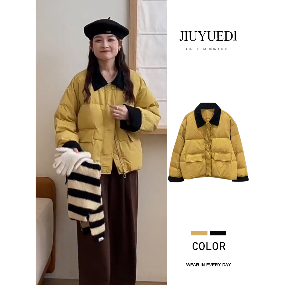 JIUYUEDI九月底法式复古拼接翻领棉服女小个子宽松加厚设计感外套