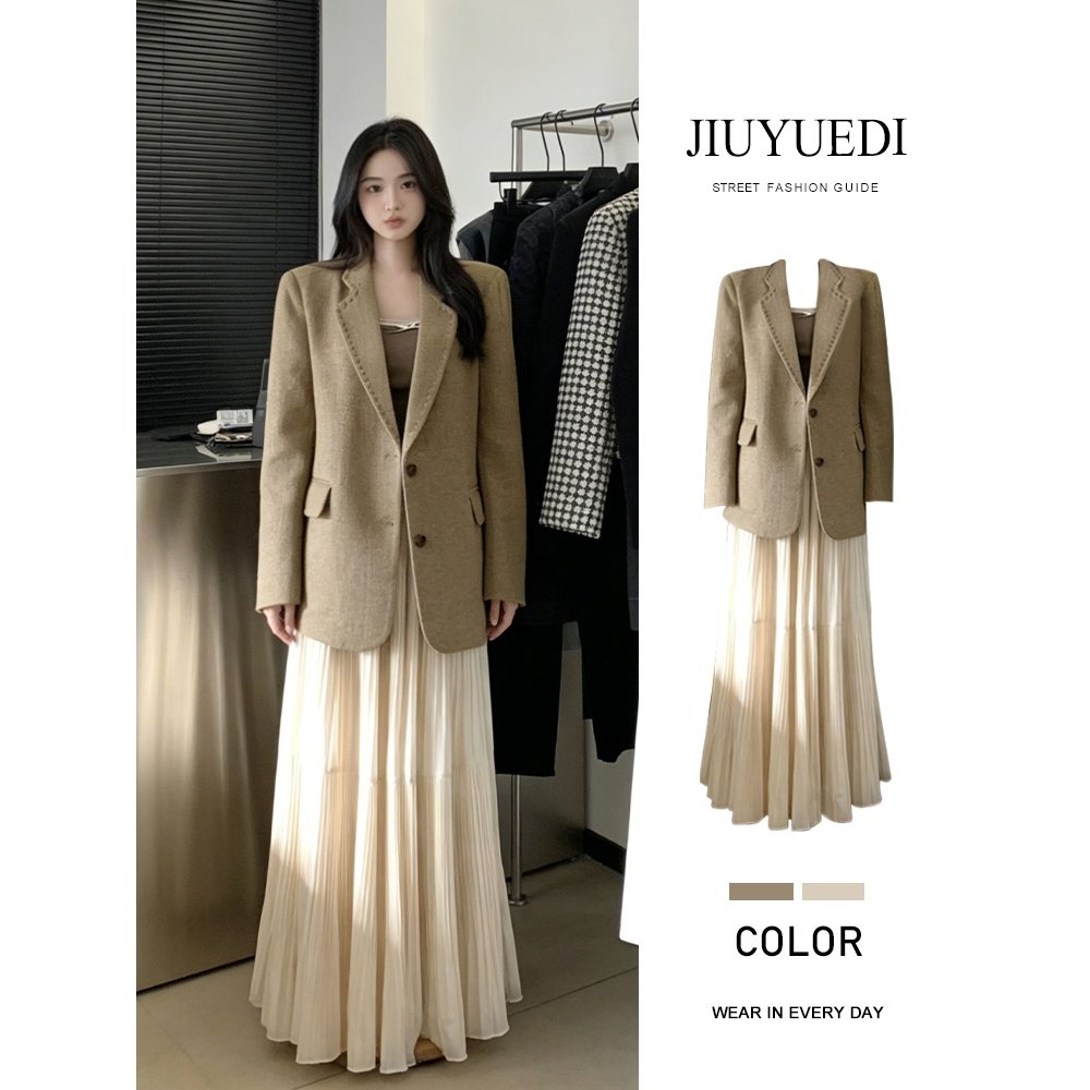 JIUYUEDI九月底轻熟风西装外套百褶半身裙女高级感气质穿搭一整套,女装/女士精品,时尚套装,淘宝优惠券,粉丝福利购,淘宝优惠卷