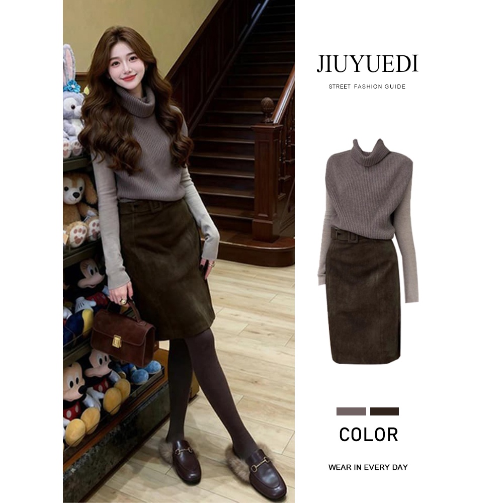 JIUYUEDI九月底韩式高领针织毛衣半身裙女秋季通勤风时尚穿搭套装