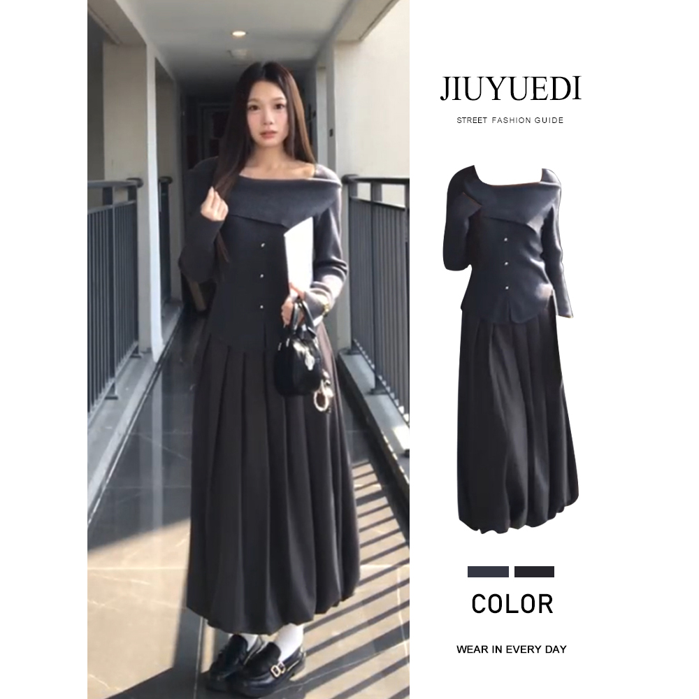 赫本风设计感针织衫百褶半身裙