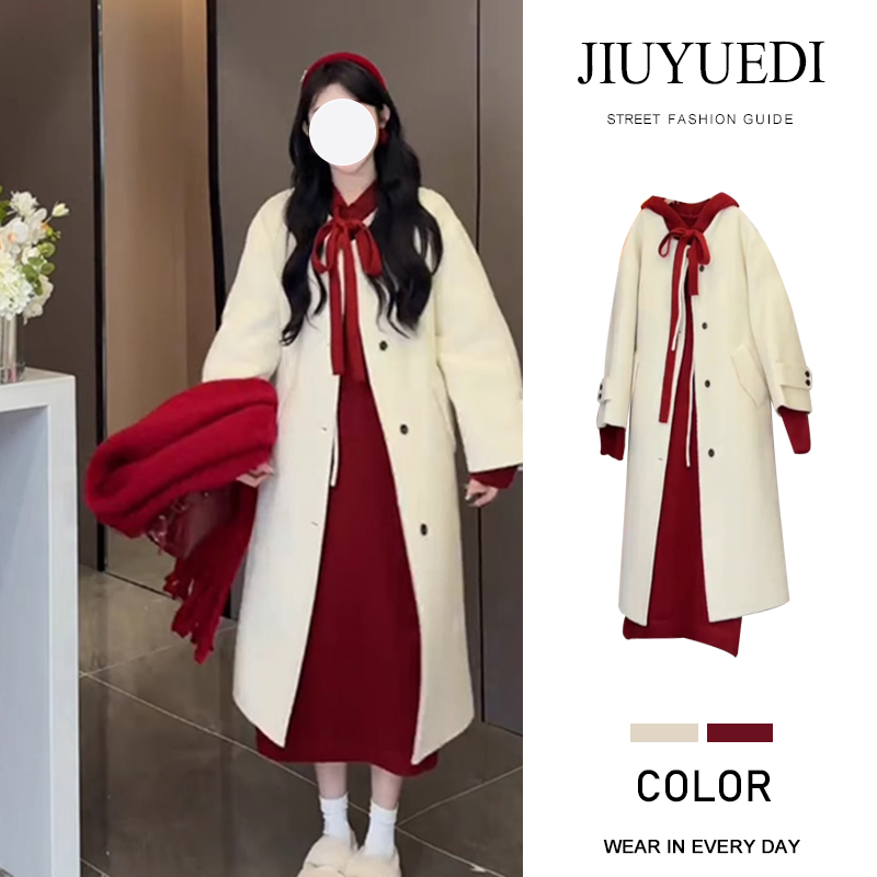 JIUYUEDI九月底法式气质红色针织毛衣裙中长款大衣秋冬时尚两件套