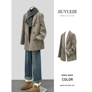 JIUYUEDI九月底韩系高级感燕麦色毛呢西装外套女秋冬中长款大衣