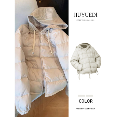 JIUYUEDI九月底米白色针织拼接连帽棉服女宽松显瘦高级感时尚外套