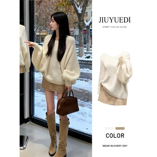 JIUYUEDI九月底慵懒风宽松圆领毛衣卡其半身裙女秋冬温柔百搭套装