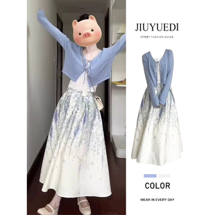 JIUYUEDI九月底韩系镂空开衫打底衫碎花半身裙女早秋减龄气质套装