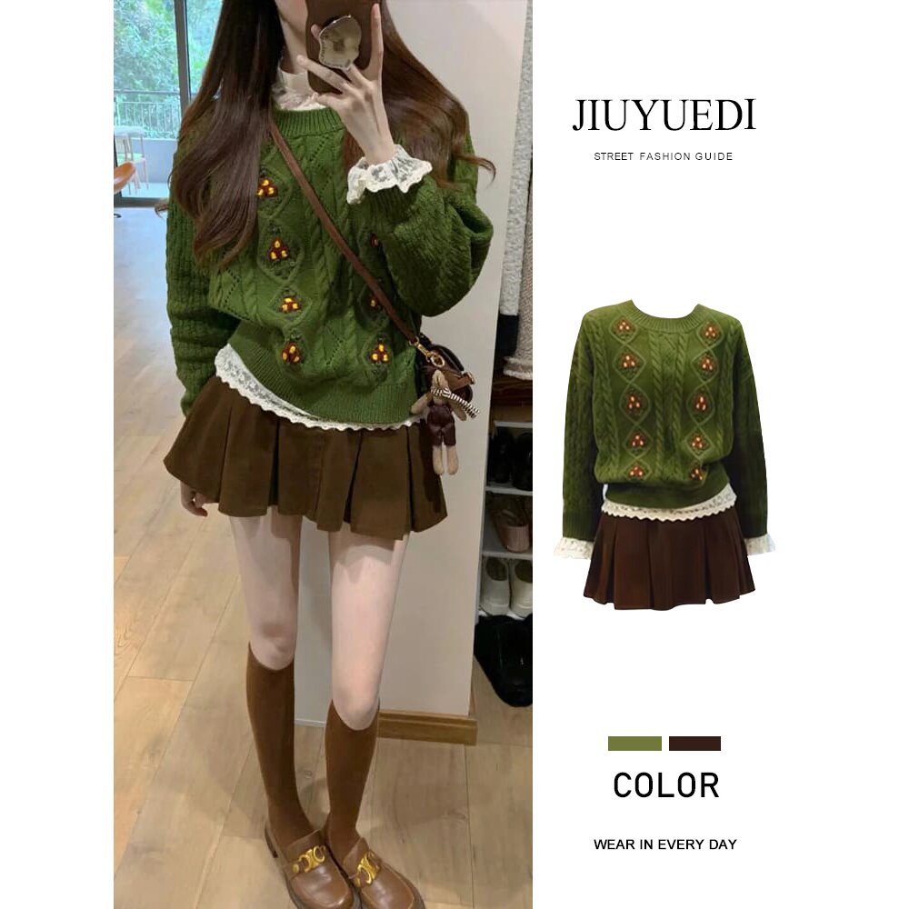 复古风针织毛衣蕾丝上衣半身裙