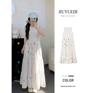 JIUYUEDI九月底温柔风白色碎花无袖连衣裙女夏度假风显瘦蛋糕裙