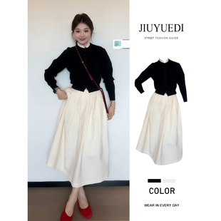 套装 JIUYUEDI九月底法式 气质时尚 白色大摆半身裙女秋季 黑色针织衫