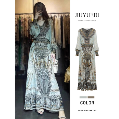 法式波西米亚印花V领连衣裙长裙