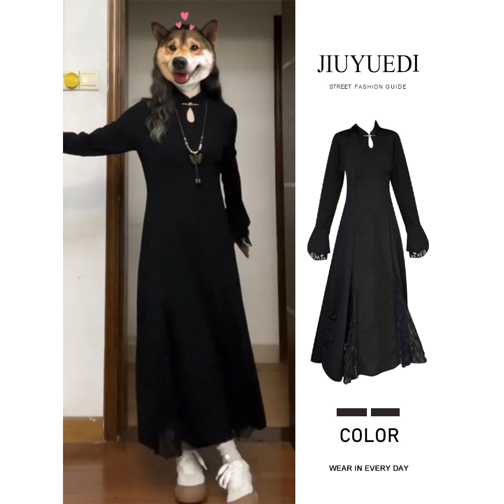 新中式黑色旗袍连衣裙杏色长裙