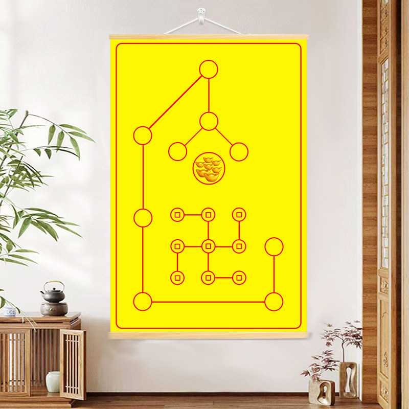 九星招财灯阵聚财祈福点灯图 红色黄色实木卷轴挂画