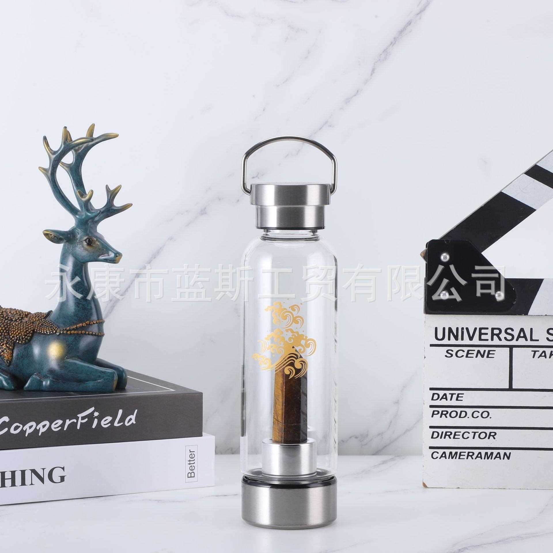 新款直销天然水晶石净化消磁养生玻璃水杯手提钢盖高硼硅玻璃杯子