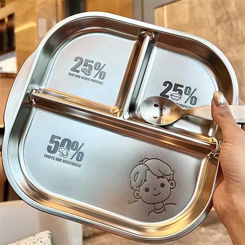 新款直销304不锈钢三格分餐盘级感家用轻奢脂分格餐盘儿童辅食餐
