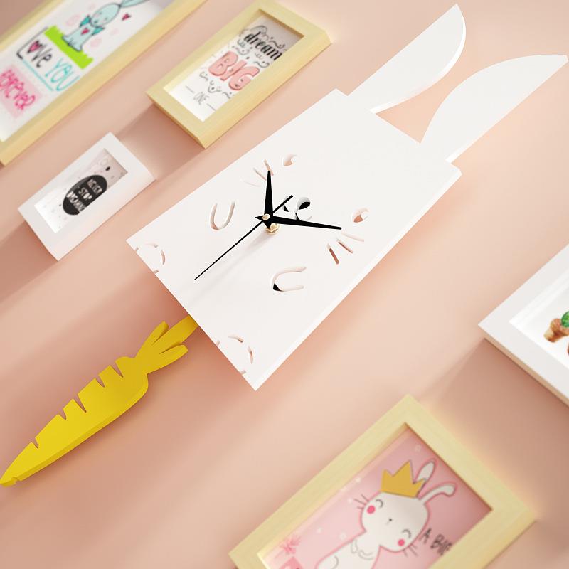 直销新款高分子7271卡通粉照片墙可爱儿童组合相框小白兔摇摆钟表