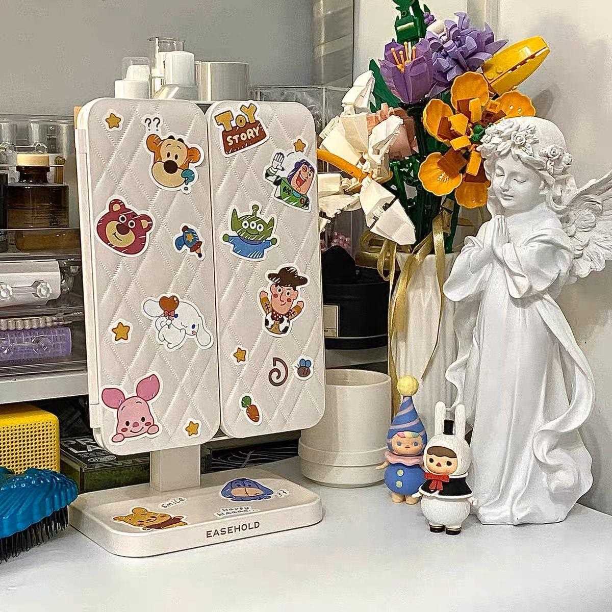 直销新款双开门化妆镜led灯充电式可折叠旋转多功能收纳一体三色