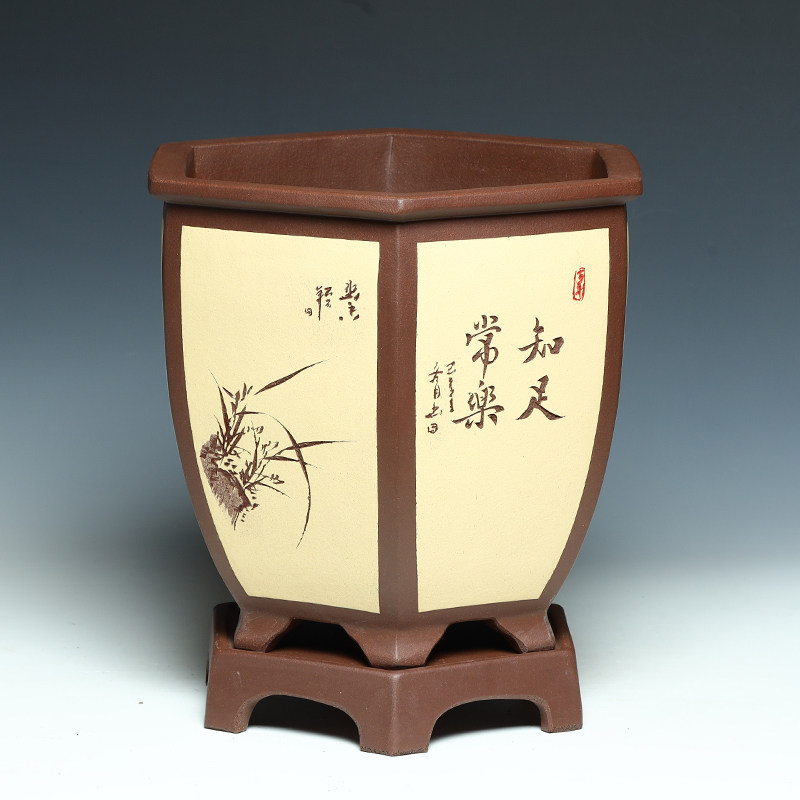 宜兴精品紫砂大花盆陶瓷透气中国风黄色高档六角君子兰花盆带托盘