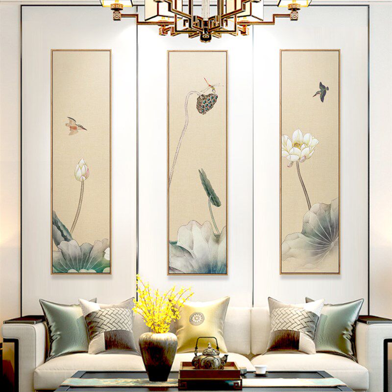 新中式装饰画客厅背景墙壁画禅意荷花茶室挂画竖版三联莲花墙画