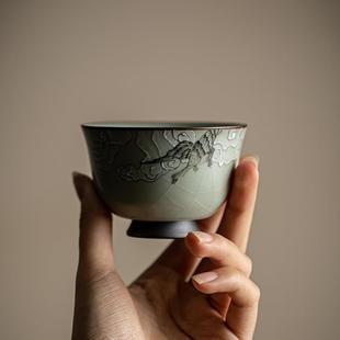 念瑶手绘汝窑茶杯陶瓷品茗杯家用大号开片可养主人杯功夫 直销新款