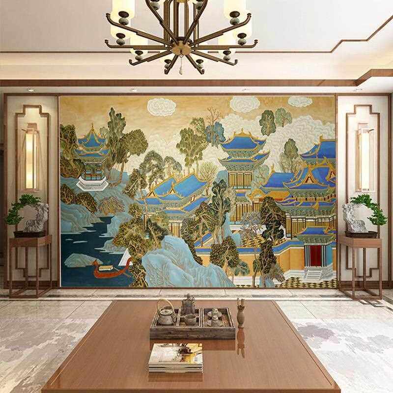 新款直销新中式山水画电视背景墙壁纸茶室饭店餐厅墙纸沙发客厅影