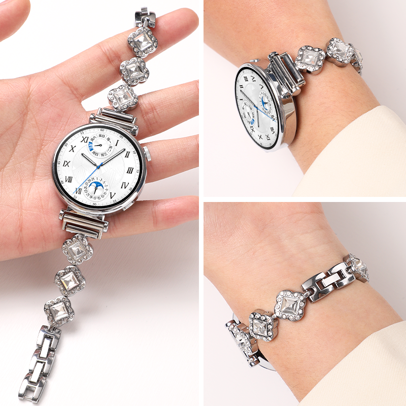 适用于华为手表gt5表带gt4满钻四叶草锆石金属手表带watch4/3pro新款女GT3pro腕带gt2高级小众小香风表链配件