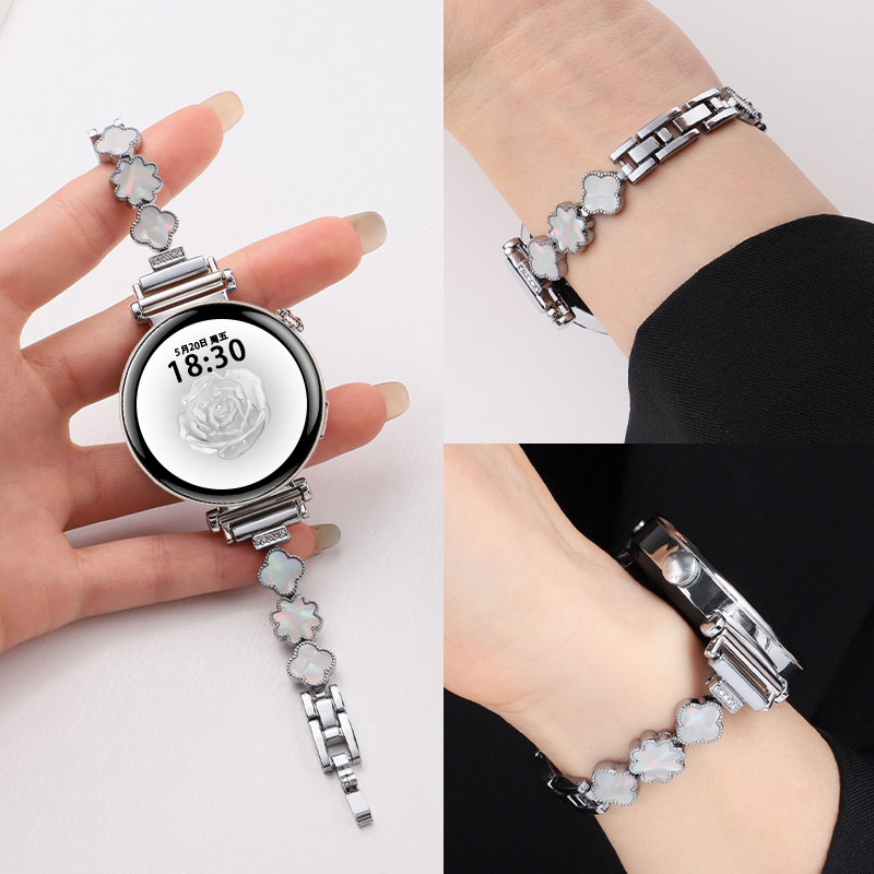 适用于vivowatch5手表表带新款ins多彩贝母腕带智能运动WATCH5金属四叶草满钻替换带时尚女夏天透气表链配件