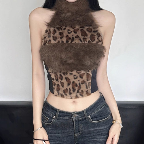 热辣豹纹毛毛拼接高领挖肩背心女辣妹显瘦收腰高领上衣