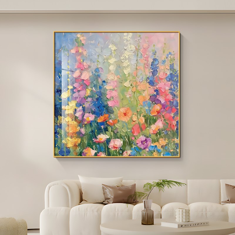 奶油风彩色花卉客厅装饰画小众艺术肌理感挂画方形高级感卧室壁画图片