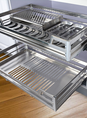 热销速发拉篮304不锈钢双层550 650 700 750 800 850 900柜体缓冲