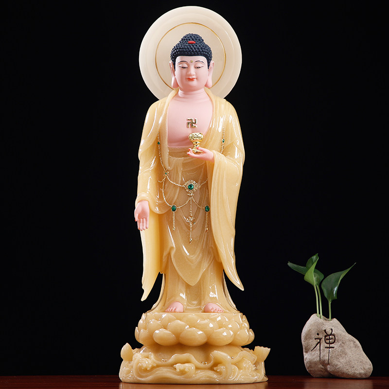 热销汉白玉黄玉镶金西方三圣一套观音菩萨大势至阿弥陀佛站莲花座