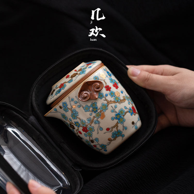 几欢高档汝窑金梅快客杯陶瓷旅行茶具一壶三杯户外便携式茶杯套装