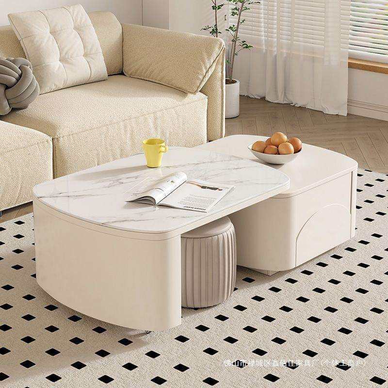 茶几现代简约奶油风岩板轻奢折叠高级感意式小户型客厅带凳子储物