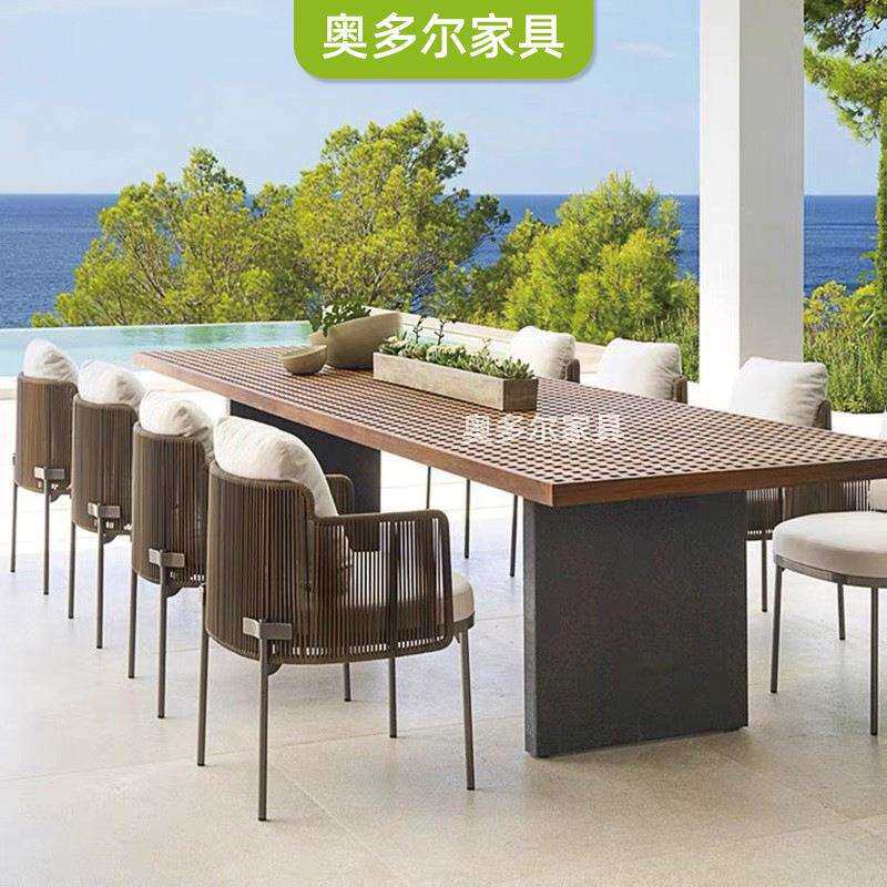 户外休闲高端藤编桌椅岩板桌柚木长桌藤椅茶几组合庭院花园别墅椅