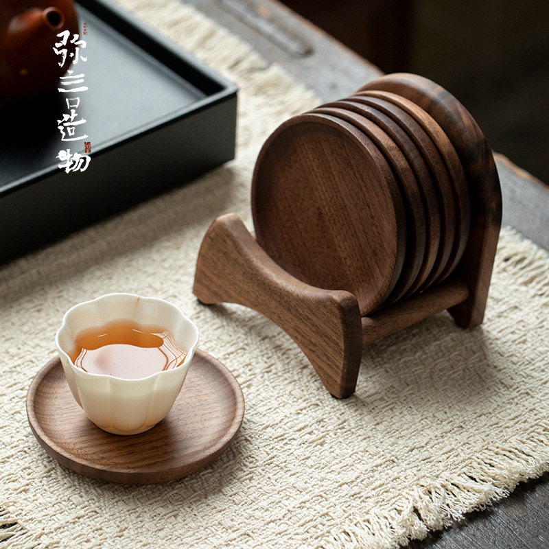 弥言北美胡桃木杯垫套装家用茶杯底座茶杯托纯实木隔热垫茶道配件
