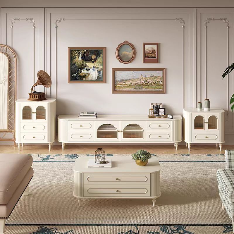 法式实木电视柜茶几组合现代简约白色奶油风小户型烤漆边柜电视T&